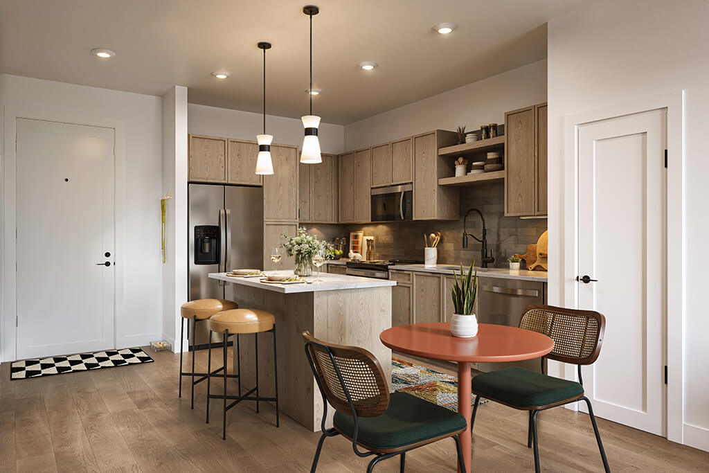 Kitchen in Slate design package at Merrick on Midway Apartments in Farmers Branch TX